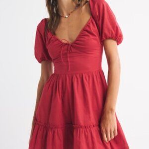 Abercrombie & Fitch Puff Sleeve Tie-Front Mini Dress in Red - XS Petite